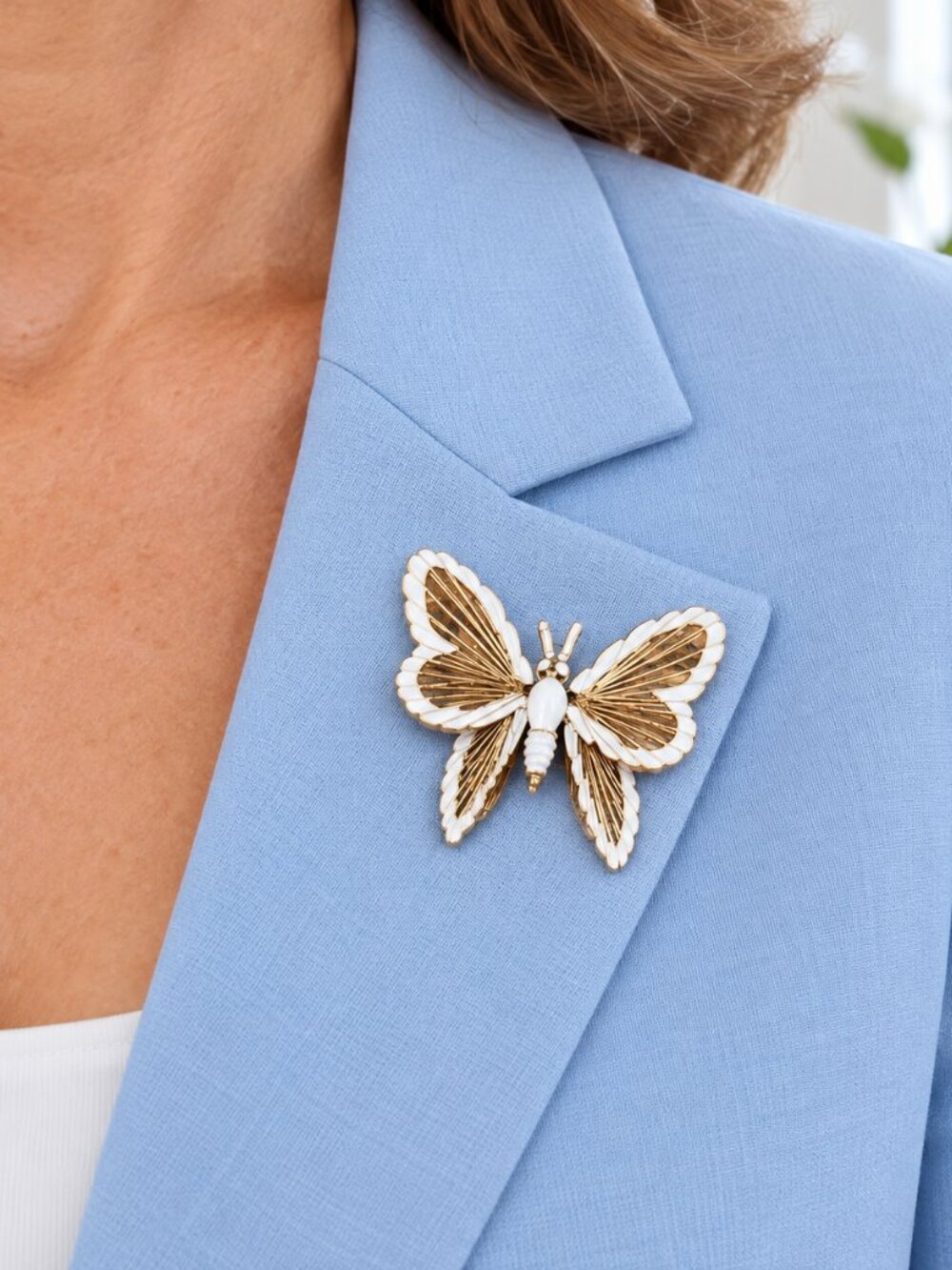 Monet Butterfly Brooch White Enamel Gold Tone Vintage Openwork Pin